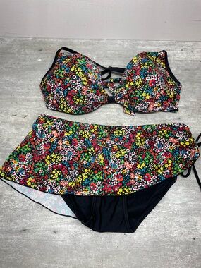 La Vie en Rose Aqua Bikini Set Womens L D+ Multicolor Floral Excellent Skirted